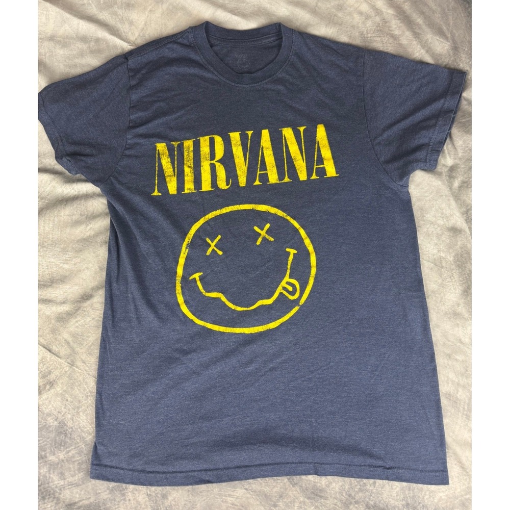 Nirvana Smiley Face Graphic T Shirt Mens Medium Blue Grunge Rock Band Tee